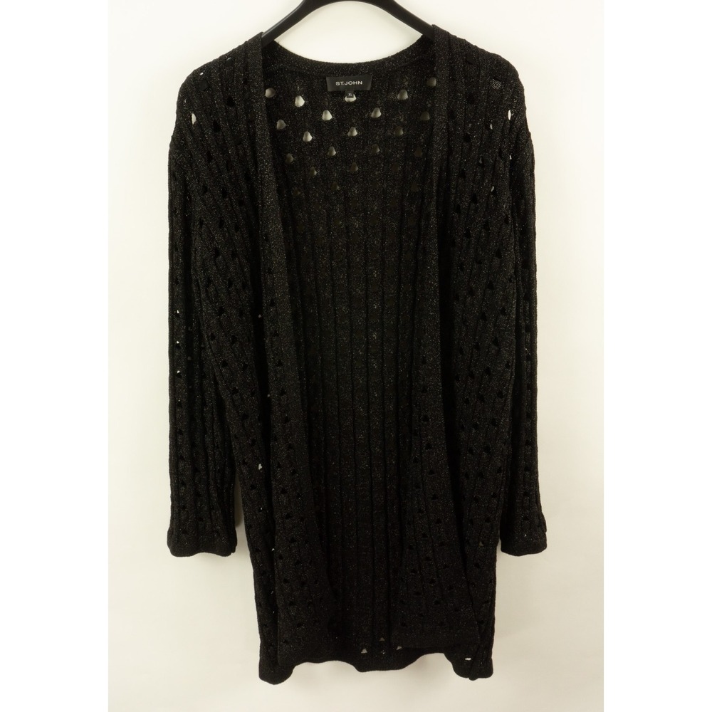 St. John Heavyweight Metallic Lace Cable Knit Open Cardigan Sweater Womens XL